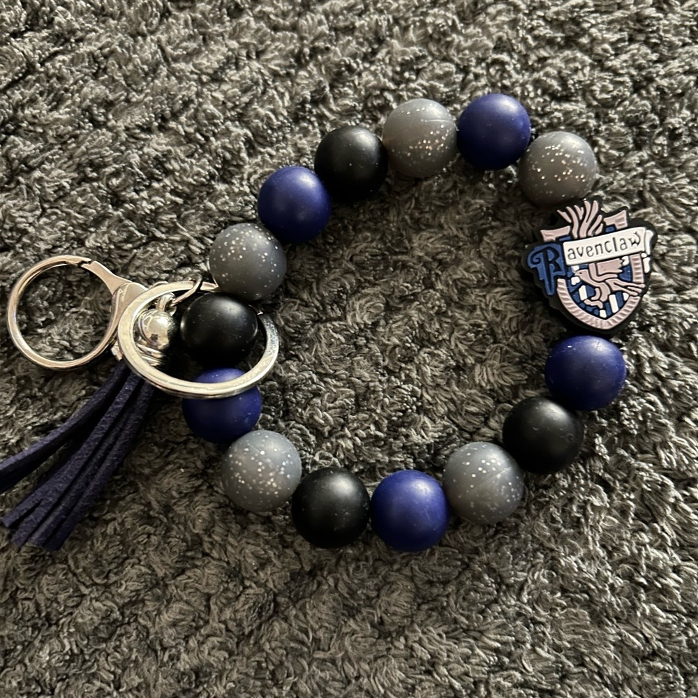Hand Crafted Ravenclaw Beaded Keychain Bracelet in Blue, Black, Gray